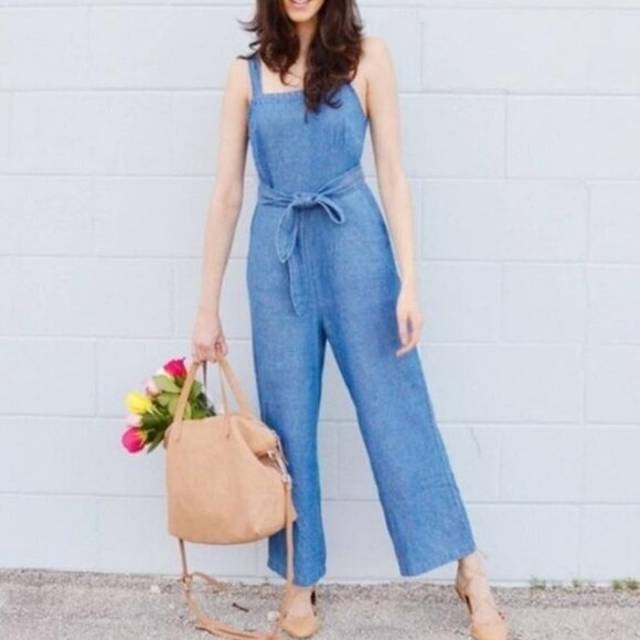 Madewell Blue Cotton Linen Chambray Muralist Wide Leg Jumpsuit with Belt Size 0 - Picture 1 of 16